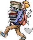 Hand drawn student carrying pile of books on white background